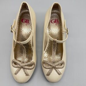 GB Girls Cream Mary Jane Heels Glitter Bow Dress Shoes Size 2M